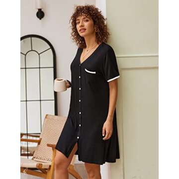 Ekouaer Nightgowns for Women Button Down Pajamas Tops Short Sleeve Sleepwear V-Neck Sleepwear Black M