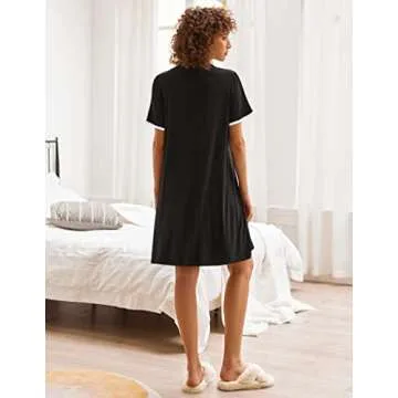 Ekouaer Nightgowns for Women Button Down Pajamas Tops Short Sleeve Sleepwear V-Neck Sleepwear Black M