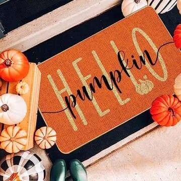 Hello Pumpkin Door Mat Welcome Decorative, Autumn Thanksiving Pumpkin Farmhouse Outdoor Indoor Patio Entrance Door Mats Low Profile Non Slip Outside Inside Floor Mat Rugs for Home Decor 29x 17Inch
