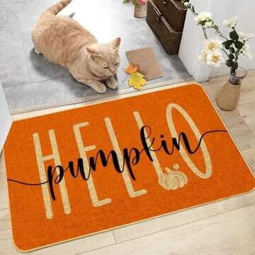 Hello Pumpkin Door Mat Welcome Decorative, Autumn Thanksiving Pumpkin Farmhouse Outdoor Indoor Patio Entrance Door Mats Low Profile Non Slip Outside Inside Floor Mat Rugs for Home Decor 29x 17Inch