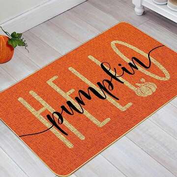Hello Pumpkin Door Mat Welcome Decorative, Autumn Thanksiving Pumpkin Farmhouse Outdoor Indoor Patio Entrance Door Mats Low Profile Non Slip Outside Inside Floor Mat Rugs for Home Decor 29x 17Inch