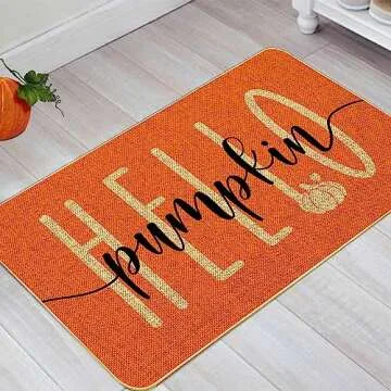 Hello Pumpkin Door Mat Welcome Decorative, Autumn Thanksiving Pumpkin Farmhouse Outdoor Indoor Patio Entrance Door Mats Low Profile Non Slip Outside Inside Floor Mat Rugs for Home Decor 29x 17Inch