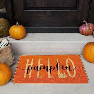 Hello Pumpkin Door Mat Welcome Decorative, Autumn Thanksiving Pumpkin Farmhouse Outdoor Indoor Patio Entrance Door Mats Low Profile Non Slip Outside Inside Floor Mat Rugs for Home Decor 29x 17Inch