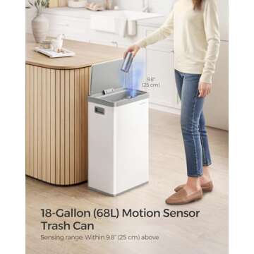 SONGMICS Motion Sensor Trash Can, 18-Gallon (68L) Automatic Kitchen Garbage Can with Stay-Open Lid, ...