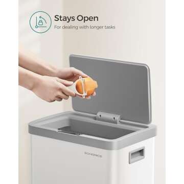 SONGMICS Motion Sensor Trash Can, 18-Gallon (68L) Automatic Kitchen Garbage Can with Stay-Open Lid, Soft Close, Stainless Steel, 15 Trash Bags Included, Cloud White ULTB630W68