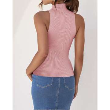 ZESICA Women's Summer Ribbed High Neck Tank Tops Slim Fit Fashion Casual Basic Knit Sleeveless Shirts,Pink,Medium