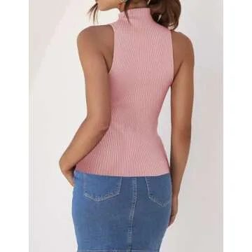 ZESICA Women's Summer Ribbed High Neck Tank Tops Slim Fit Fashion Casual Basic Knit Sleeveless Shirts,Pink,Medium