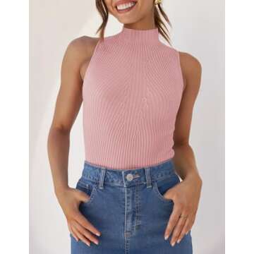 ZESICA Women's Summer Ribbed High Neck Tank Tops Slim Fit Fashion Casual Basic Knit Sleeveless Shirts,Pink,Medium
