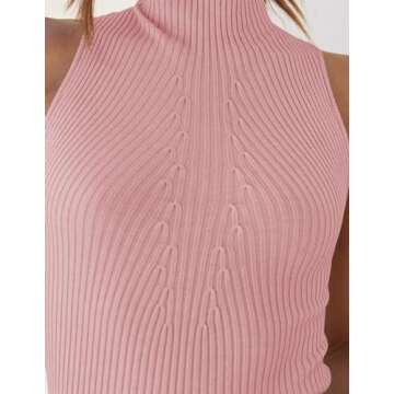 ZESICA Women's Summer Ribbed High Neck Tank Tops Slim Fit Fashion Casual Basic Knit Sleeveless Shirts,Pink,Medium