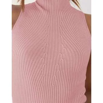 ZESICA Women's Summer Ribbed High Neck Tank Tops Slim Fit Fashion Casual Basic Knit Sleeveless Shirts,Pink,Medium