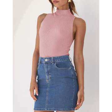 ZESICA Women's Summer Ribbed High Neck Tank Tops Slim Fit Fashion Casual Basic Knit Sleeveless Shirts,Pink,Medium