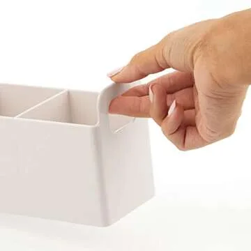 mDesign Small Plastic Bathroom Vanity, Cabinet, Countertop Cosmetic Organizer Storage Station Makeup Holder - Holds Eyeshadow Palettes, Nail Polish, Makeup, Blenders, Lip Gloss - Cream