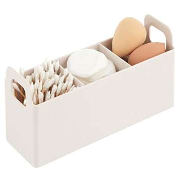 mDesign Small Plastic Bathroom Vanity, Cabinet, Countertop Cosmetic Organizer Storage Station Makeup Holder - Holds Eyeshadow Palettes, Nail Polish, Makeup, Blenders, Lip Gloss - Cream
