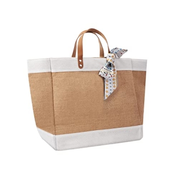 PZLND 30L Reusable Jute Burlap Tote Bag with Handles,Fashionable Silk Scarf,Waterproof and Inner Poc...