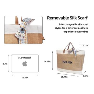 PZLND 30L Reusable Jute Burlap Tote Bag with Handles,Fashionable Silk Scarf,Waterproof and Inner Pocket,Women's Beach Tote,Grocery bag,Suitable for Everyday Shopping,Picnics,Working.
