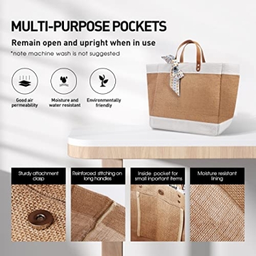 PZLND 30L Reusable Jute Burlap Tote Bag with Handles,Fashionable Silk Scarf,Waterproof and Inner Pocket,Women's Beach Tote,Grocery bag,Suitable for Everyday Shopping,Picnics,Working.