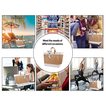 PZLND 30L Reusable Jute Burlap Tote Bag with Handles,Fashionable Silk Scarf,Waterproof and Inner Pocket,Women's Beach Tote,Grocery bag,Suitable for Everyday Shopping,Picnics,Working.