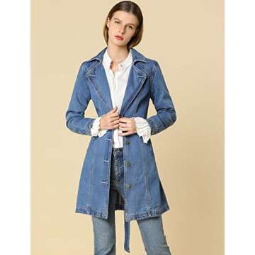 Allegra K Trench Jean jackets Notched Lapel Long Denim Jacket Medium Light Blue