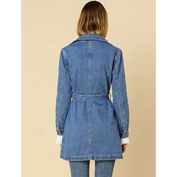 Allegra K Trench Jean jackets Notched Lapel Long Denim Jacket Medium Light Blue