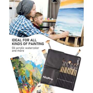 Nicpro 26pcs Paint Brush Set, Professional Paintbrushes with Palette Knife and Cloth Roll, Artist Paint Brushes for Acrylic Painting, Oil, Watercolor & Gouache, Adults Kids Art Painting Tools Supplies
