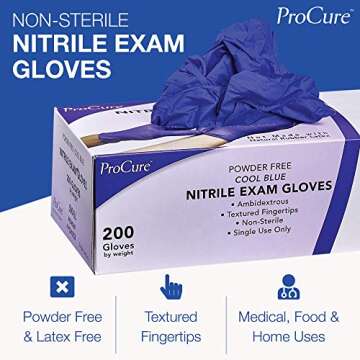 ProCure [200 Count Disposable Nitrile Gloves Medium - Powder Free, Rubber Latex Free, Medical Exam Grade, Non Sterile, Ambidextrous - Soft with Textured Tips - Cool Blue