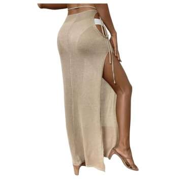 GORGLITTER Women's Cut Out Split Thigh Cover Up Skirts Crochet Tie Side Beach Wear Khaki Medium