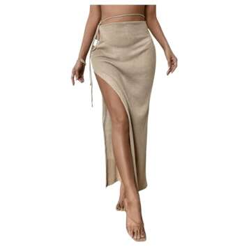 GORGLITTER Women's Cut Out Split Thigh Cover Up Skirts Crochet Tie Side Beach Wear Khaki Medium