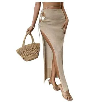 GORGLITTER Women's Cut Out Split Thigh Cover Up Skirts Crochet Tie Side Beach Wear Khaki Medium