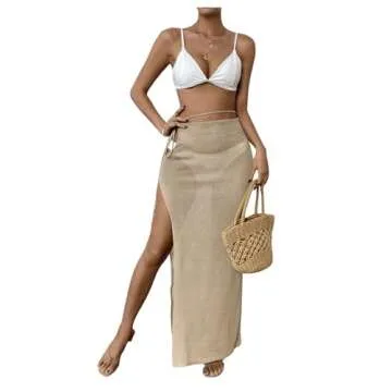 GORGLITTER Women's Cut Out Split Thigh Cover Up Skirts Crochet Tie Side Beach Wear Khaki Medium