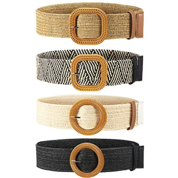 WILLBOND 4 Pcs Straw Woven Belt Elastic Stretch Rattan Waist Belt Women Skinny Raffia Dress Belt Buckle Waist Dress Band(Retro Color,Medium)