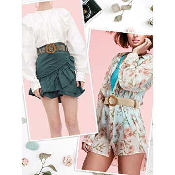 WILLBOND 4 Pcs Straw Woven Belt Elastic Stretch Rattan Waist Belt Women Skinny Raffia Dress Belt Buckle Waist Dress Band(Retro Color,Medium)