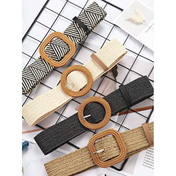WILLBOND 4 Pcs Straw Woven Belt Elastic Stretch Rattan Waist Belt Women Skinny Raffia Dress Belt Buckle Waist Dress Band(Retro Color,Medium)