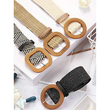 WILLBOND 4 Pcs Straw Woven Belt Elastic Stretch Rattan Waist Belt Women Skinny Raffia Dress Belt Buckle Waist Dress Band(Retro Color,Medium)