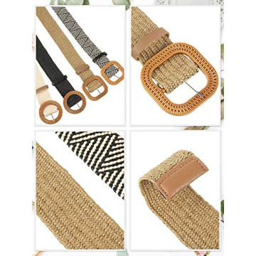 WILLBOND 4 Pcs Straw Woven Belt Elastic Stretch Rattan Waist Belt Women Skinny Raffia Dress Belt Buckle Waist Dress Band(Retro Color,Medium)