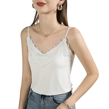 Modal Camisoles for Women, Casual V Neck Sleeveless Lace Patchwork Adjustable Spaghetti Straps Elega...