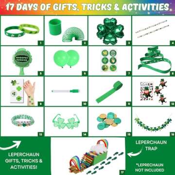 XOXO Parents Leprechaun Trap Kit: 17 Days of Leprechaun Activities - St Patrick's Day Gifts for Kids - Includes Trap, Tricks, Footprints, Gold Coins, Stickers, Supplies, Toys, Shamrock, and More!