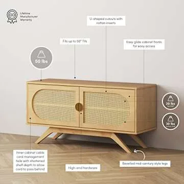 Nathan James Logan Rattan TV Stand, Modern Console Cabinet with U-Shaped Cutouts with Rattan Inserts and Mid-Century Style Legs for TVs up to 50", Natural Brown
