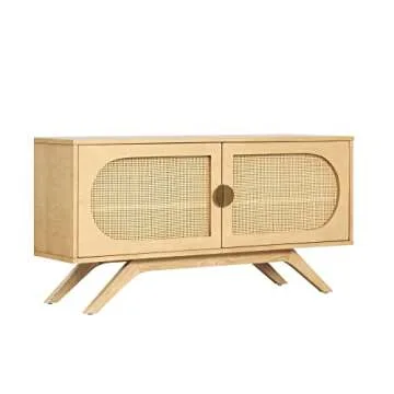 Nathan James Logan Rattan TV Stand, Modern Console Cabinet with U-Shaped Cutouts with Rattan Inserts and Mid-Century Style Legs for TVs up to 50", Natural Brown