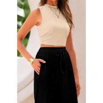 PRETTYGARDEN Women's Summer 2 Piece Outfits Ribbed Knit Lounge Sets Tracksuit Sleeveless Crop Tank Tops Wide Leg Casual Pants (Apricot Black,Large)