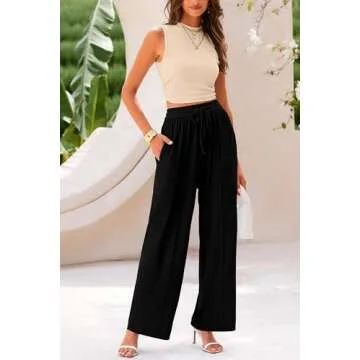 PRETTYGARDEN Women's Summer 2 Piece Outfits Ribbed Knit Lounge Sets Tracksuit Sleeveless Crop Tank Tops Wide Leg Casual Pants (Apricot Black,Large)