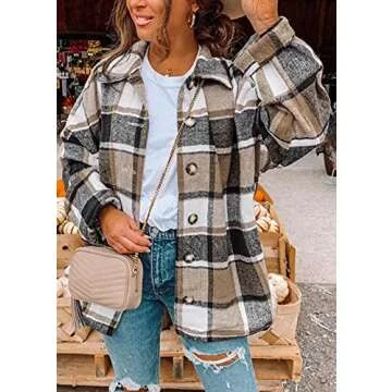 PRETTYGARDEN Women's Fall Clothes Plaid Shacket Jacket Trendy Casual Long Sleeve Button Down Flannel Shirts Fashion Blouse(Yellow,Medium)