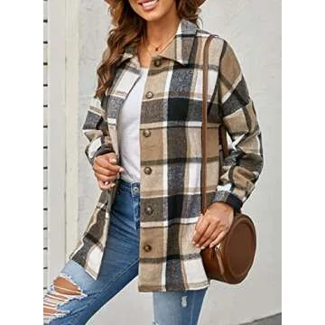 PRETTYGARDEN Women's Fall Clothes Plaid Shacket Jacket Trendy Casual Long Sleeve Button Down Flannel Shirts Fashion Blouse(Yellow,Medium)