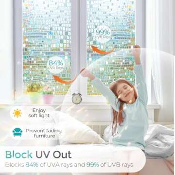 Beautysaid Window Privacy Film Stained Glass 3D Rainbow Prism Window Clings Heat Blocking Window Tint Sun Catchers Peel and Stick Decorative Window Decals Home Bathroom Door(Pure,17.5x78.7in)