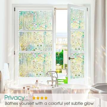 Beautysaid Window Privacy Film Stained Glass 3D Rainbow Prism Window Clings Heat Blocking Window Tint Sun Catchers Peel and Stick Decorative Window Decals Home Bathroom Door(Pure,17.5x78.7in)