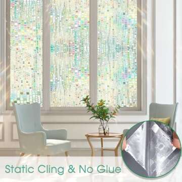 Beautysaid Window Privacy Film Stained Glass 3D Rainbow Prism Window Clings Heat Blocking Window Tint Sun Catchers Peel and Stick Decorative Window Decals Home Bathroom Door(Pure,17.5x78.7in)