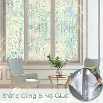 Beautysaid Window Privacy Film Stained Glass 3D Rainbow Prism Window Clings Heat Blocking Window Tint Sun Catchers Peel and Stick Decorative Window Decals Home Bathroom Door(Pure,17.5x78.7in)