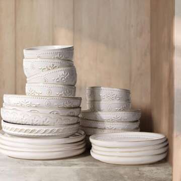 Artena Pasta Bowls, 50oz Large Salad Serving Bowls, 9.75'' Plates Bowls Set of 4, Big White Ceramic Soup Bowls for Kitchen, Embossment Shallow Dinner Bowl, Microwave Dishwasher Safe, Damask Floral