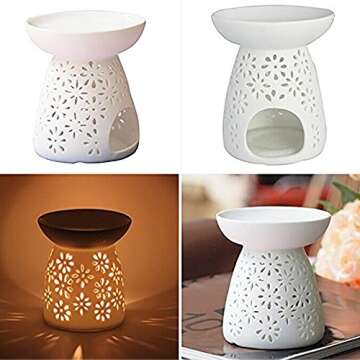 ToiM Vase Shaped Milk White Ceramic Hollowing Floral Aroma Lamp Candle Warmers Fragrance Warmer Oil Diffuser Essential Oil Lamp Aromatherapy Furnace Ceramic Incense Burner Wax Melt Warmer (White)