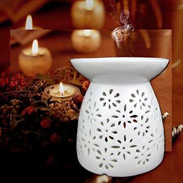 ToiM Vase Shaped Milk White Ceramic Hollowing Floral Aroma Lamp Candle Warmers Fragrance Warmer Oil Diffuser Essential Oil Lamp Aromatherapy Furnace Ceramic Incense Burner Wax Melt Warmer (White)