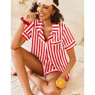 Ekouaer Womens Silk Satin Pajamas Sets 2 Piece Short Sleeve Sleepwear Button Down Top and Shorts Pjs Lounge Wear Sets,Red Striped,XL